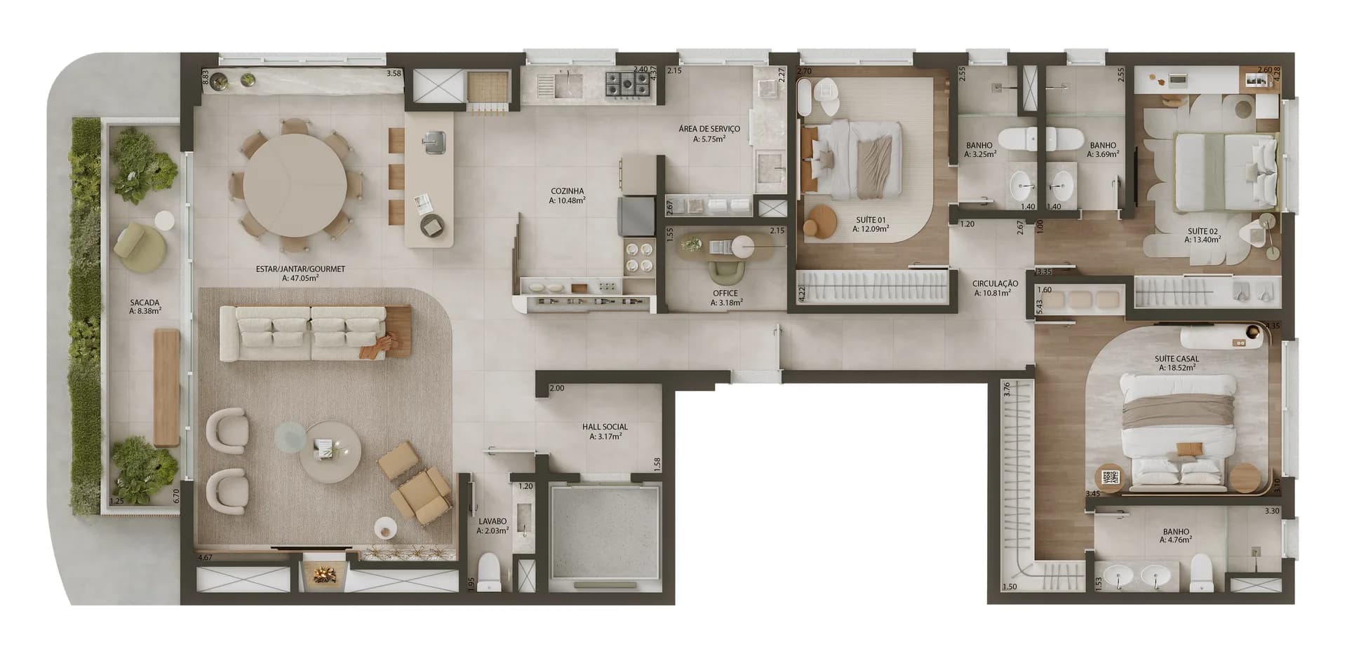 Apartamento Tipo 01 — 176,89 m² — 3 suítes c/ office